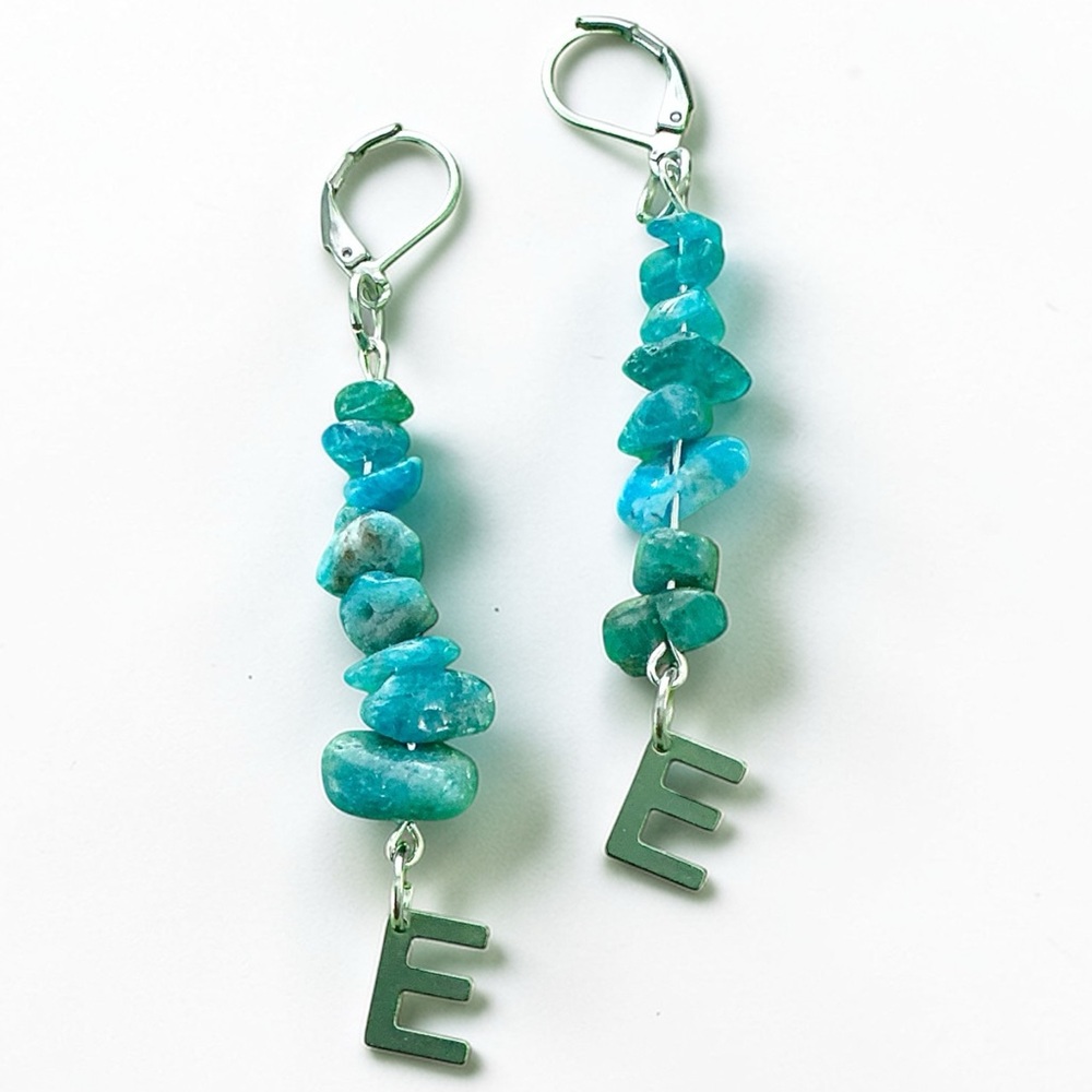 🆕 “E” Initial and Gemstones Dangle Earrings-Stainless Steel